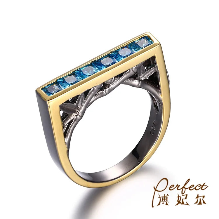 Handmade Blue Zircon Italian 925 Sterling Silver Jewelry Men Ring