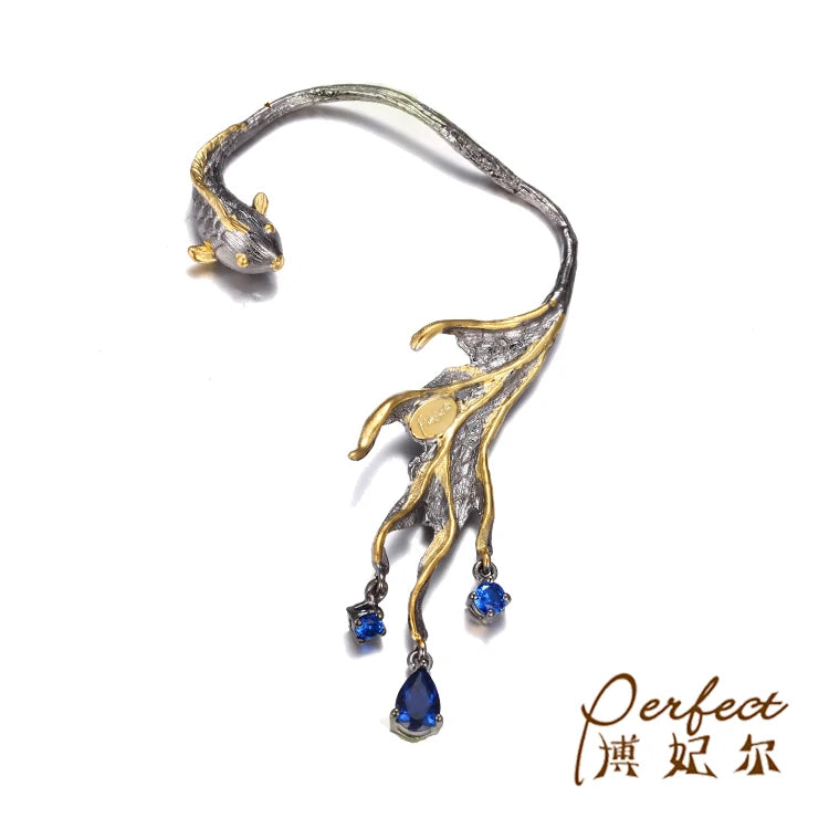 Unique Fashion Lovely Fish Cover Ear Cuff Clip Earring With Blue Spinel
