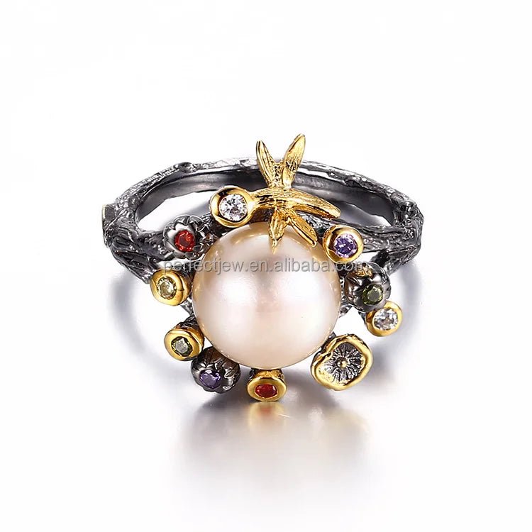 Flower Gold Plated Pink Button Pearl 925 Sterling Silver Jewelry Ring With Colourful Zircon