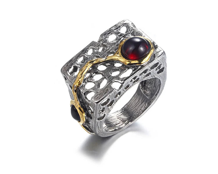 Private Order Gold Plated 925 Sterling Silver Retro Hollow Garnet Ring