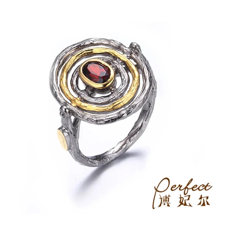 Garnet 925 Sterling Silver Ring Bark Grain Circle Design Red with Gold Plated Vintage Perfect Silver Ring