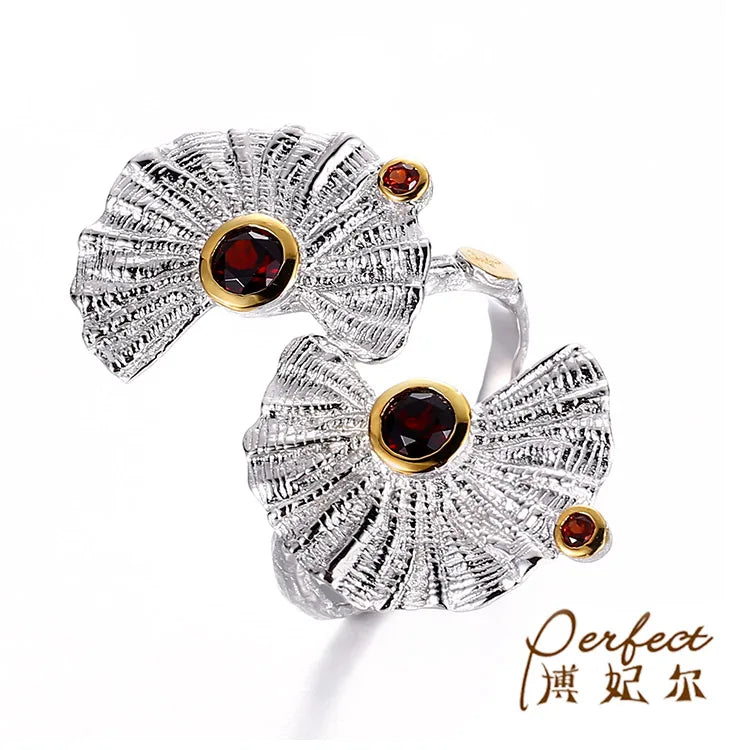 Unique Fan Design Garnet Stone 925 Sterling Silver Jewelry Ring with White Gold Plated