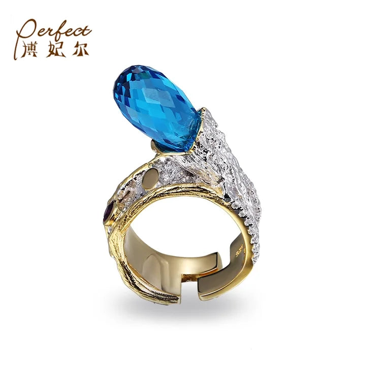 Arabic Blue Glass 18k Gold Plated 925 Sterling Silver Store Ring