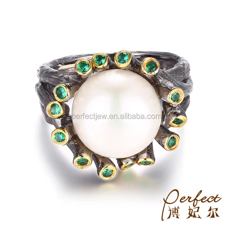 Natural Freshwater Button Baroque Pearl 925 Silver Jewelry Ring
