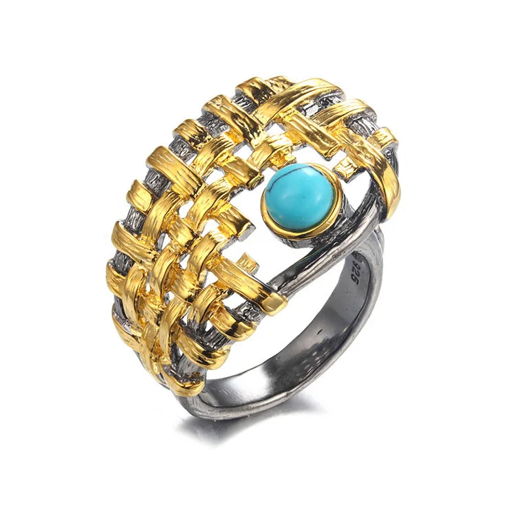 OEM/ODM Handmade 925 Sterling Silver Synthetic Turquoise Ring With Gold Plated Design
