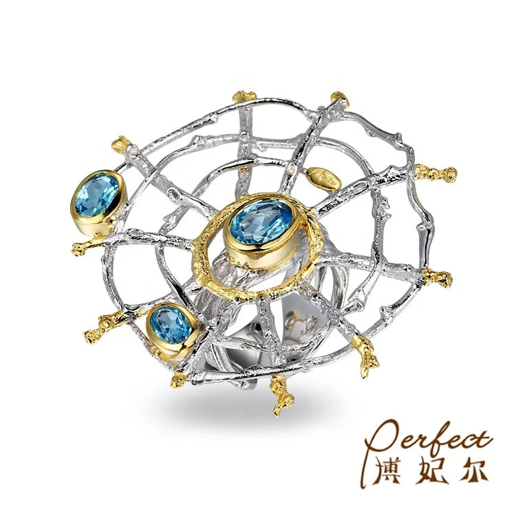 Hollow Blue Topaz 925 Sterling Silver Spider Finger Ring Jewelry