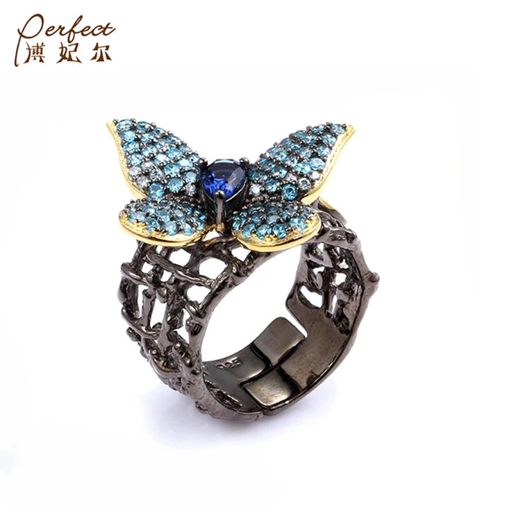 Handmade Fashion Blue Butterfly 925 Sterling Silver Ring With Gold Plated