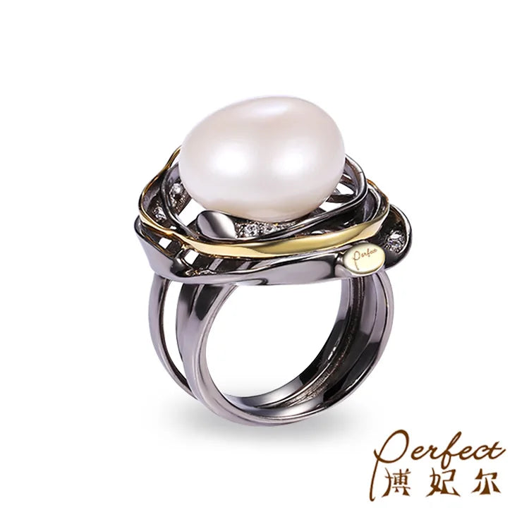 Freshwater Button Pearl 925 Sterling Silver Black Gold Plated Ring  for Women