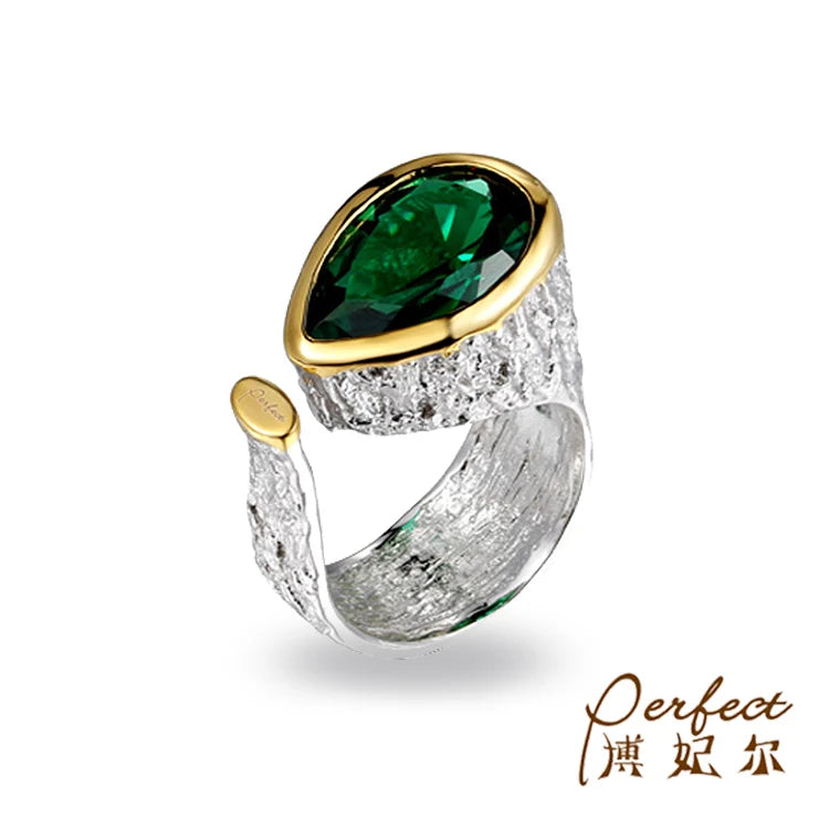 Pear Shape 925 Sterling Silver Green Spinel Ring with Gold Plated