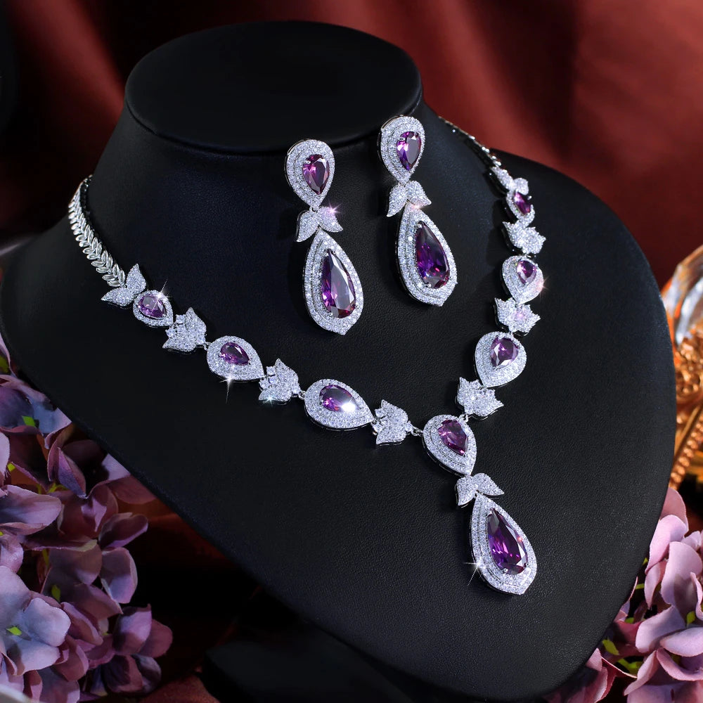 Gorgeous Purple White Cubic Zirconia Stone Luxury Big Long Water Drop Bridal Wedding Evening Party Jewelry Set for Women