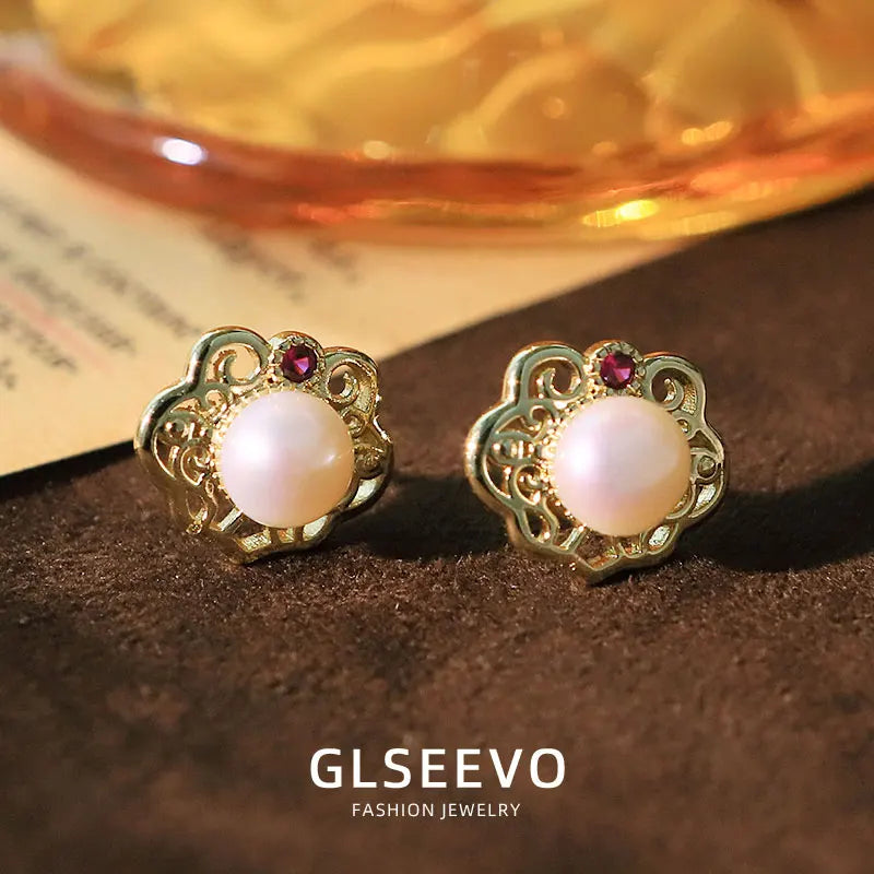 Natural Freshwater Pearl Polygon Hollow Zircon Set Earrings Studs Luxury Fashion Jewellery Earrings Gift for Women Wife GE1745