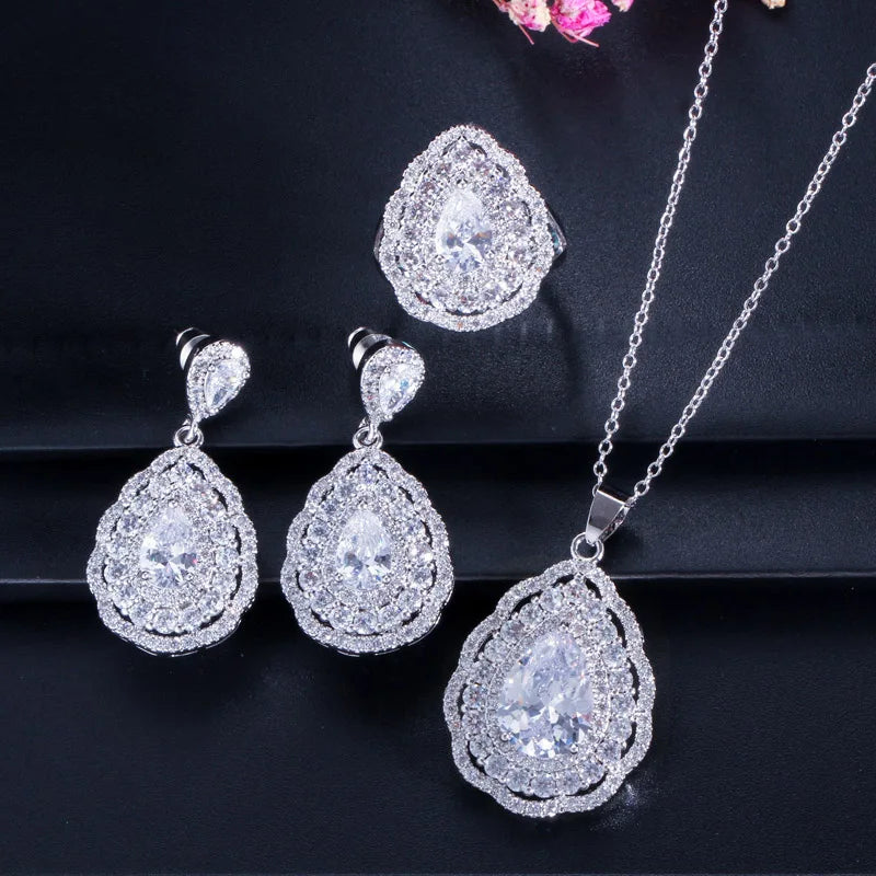 3 Layers Cubic Zircon Paved Purple Big Water Drop Silver Color Women Wedding Engagement Jewelry Set of Earrings Necklace Ring