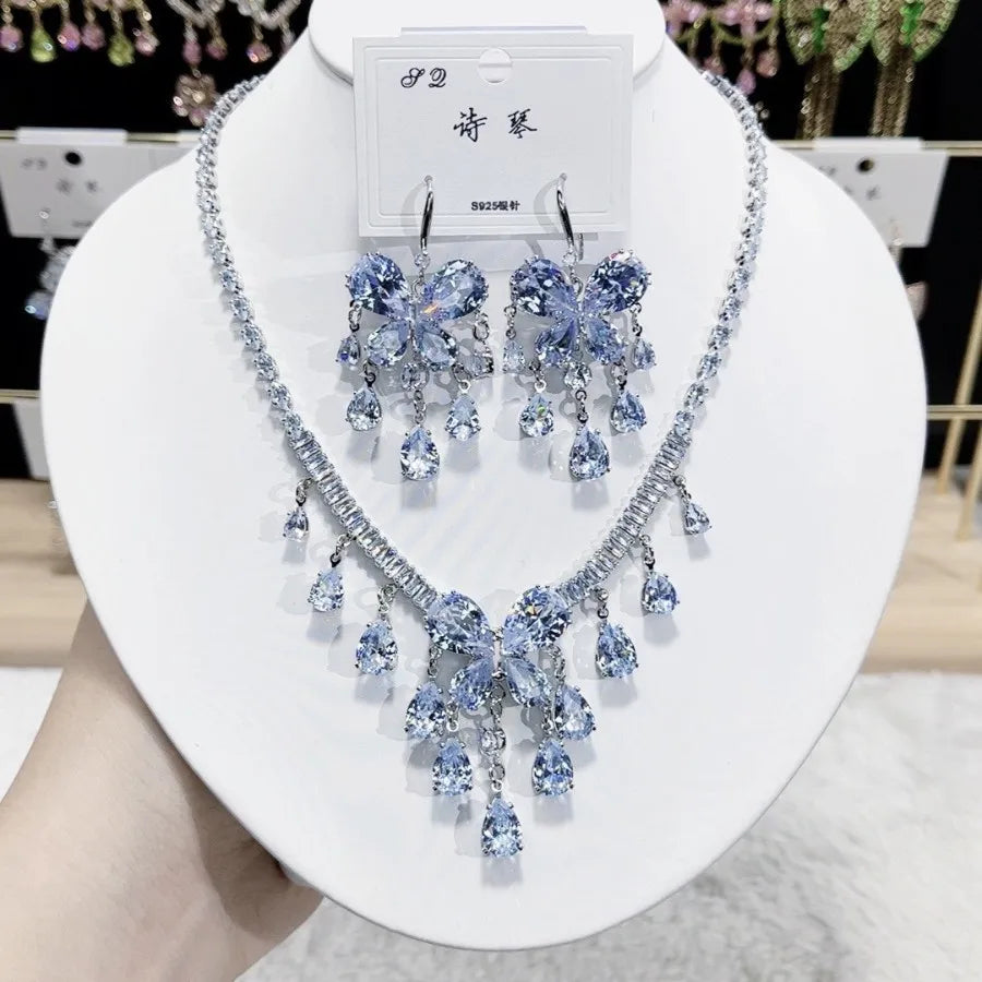 K088 High Quality Women Luxurious Tassel Zircon Butterfly Bridal Necklace Earrings Set Wedding Elegant Jewelry Set