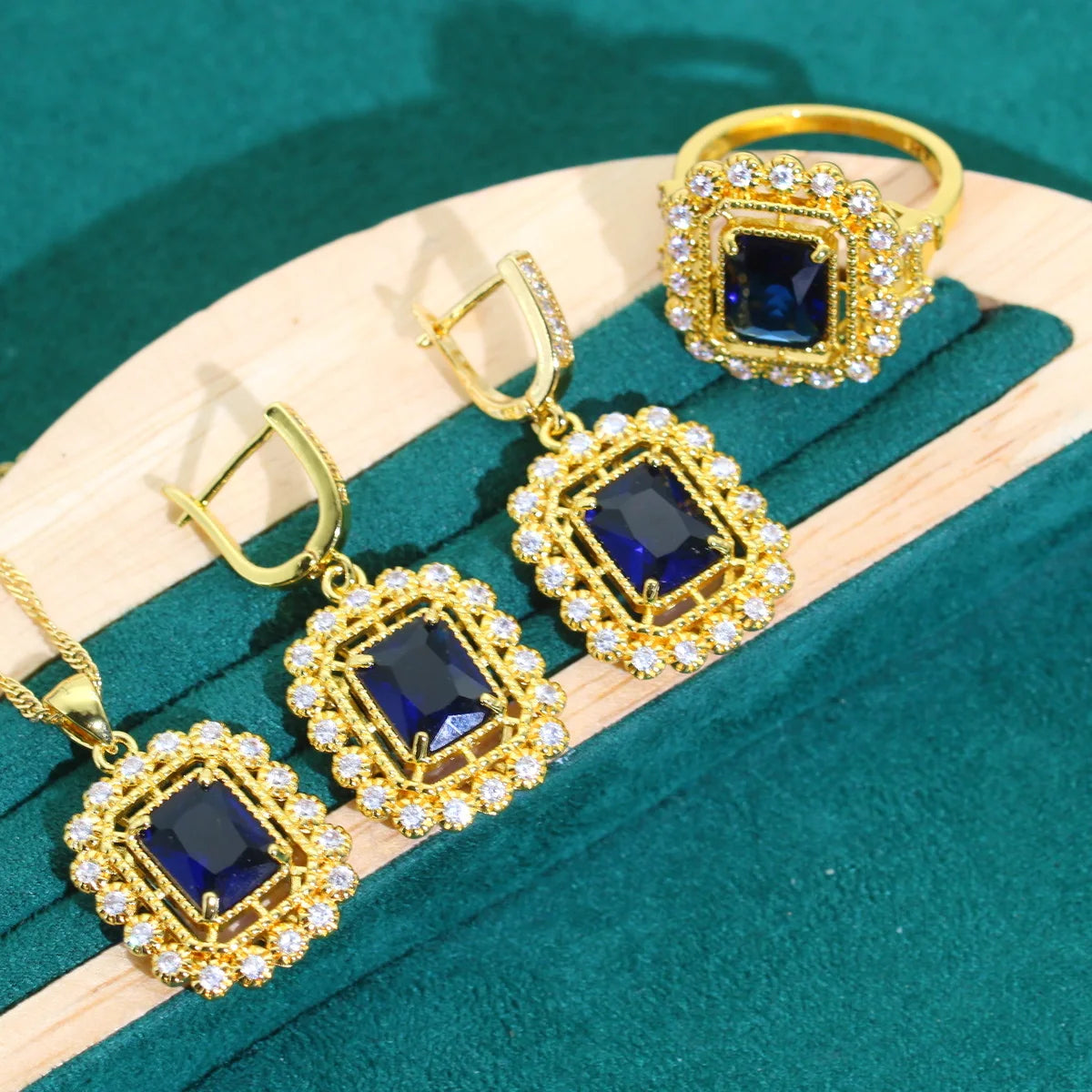XOTICA Women's Gold Color Jewelry Set Blue Zircon Wedding Bracelet Earrings Necklace Pendant Ring for Parties Engagements Birthday Gift