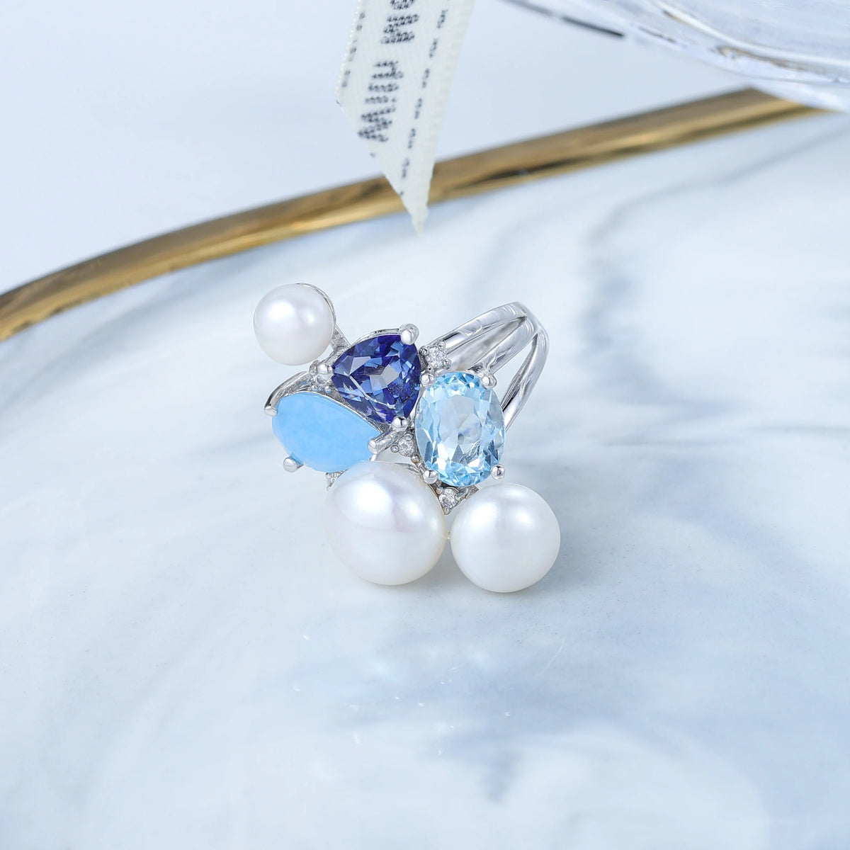ArtistA C8319 Abding Elegant Classic Natural Mix Gemstone Aqua-blue Calcedony Pearl Mystic Quartz 925 Silver Fine Jewelry Bridal Set