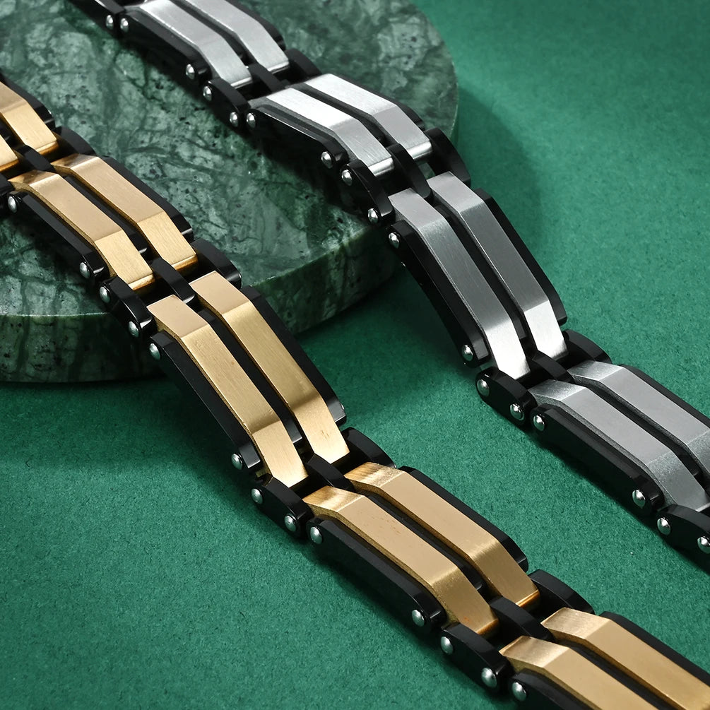 REBEL Alin Western Style Interlinked Rectangular Links Jewelry Stainless Steel Bracelet for Men Unisex