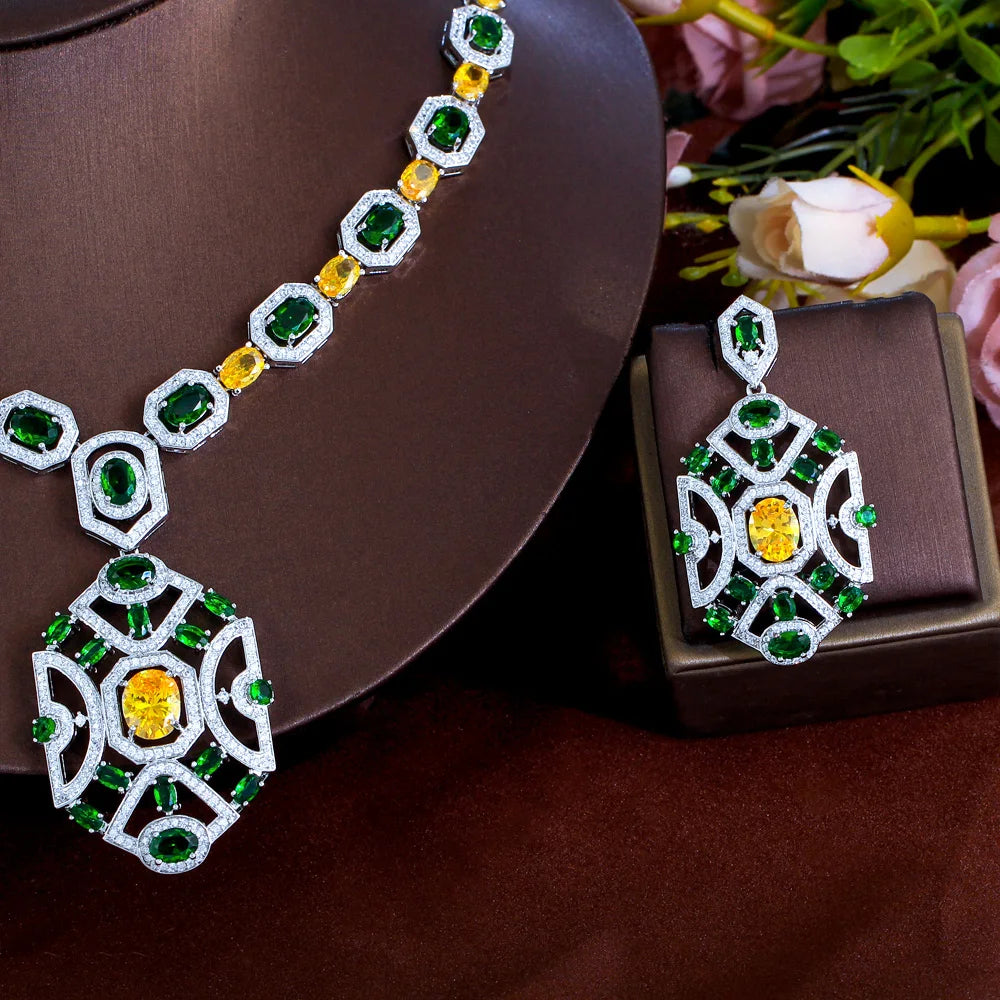 Super Luxury Yellow Green Zirconia Wedding Banquet Big Chunky Necklace and Earrings Bridal Party Costume Jewelry Sets for Women