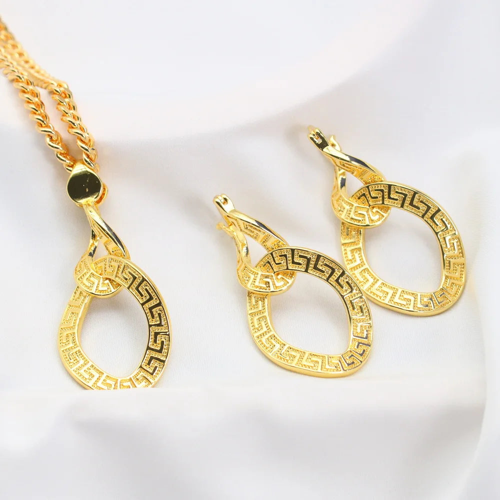 XOTICA Luxury Gold-Toned Arabesque Teardrop Jewelry Set Opulent Middle Eastern Style Wedding Party Necklace Pendant Earrings