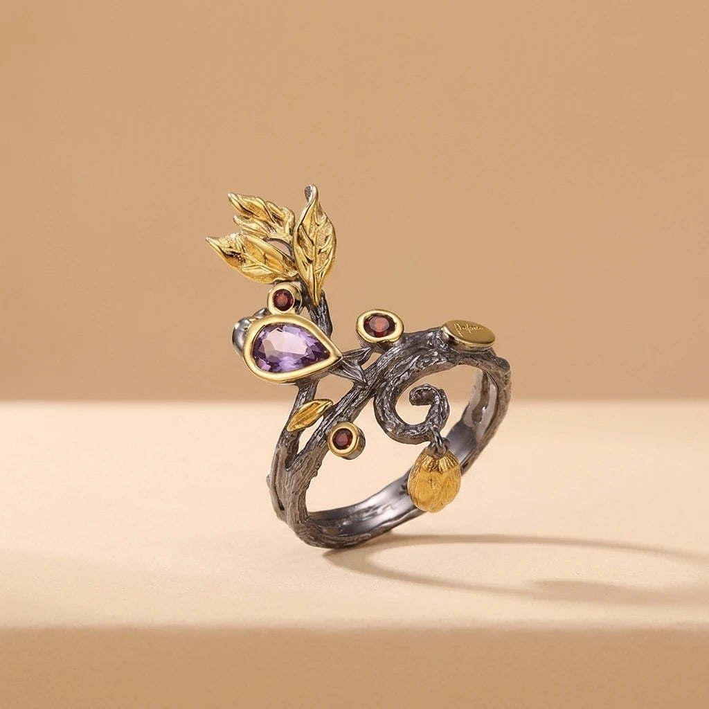 Flower Amethyst Garnet Stone 925 Sterling Silver Jewelry Ring for Girl