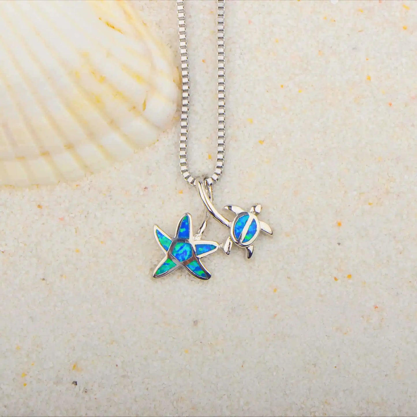TikTok Must-Have Copper Silver Plated Blue Opal Turtle Pendant | Minimalist Starfish Link Chain Women's Necklace Gift Occasions