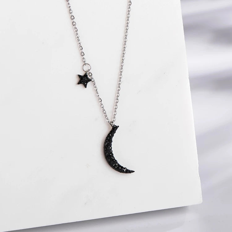 Hot Sale Women 18K Gold Plated Black Crystal Crescent Star Moon Pendant Necklace with Link Chain Stainless Steel Alloy