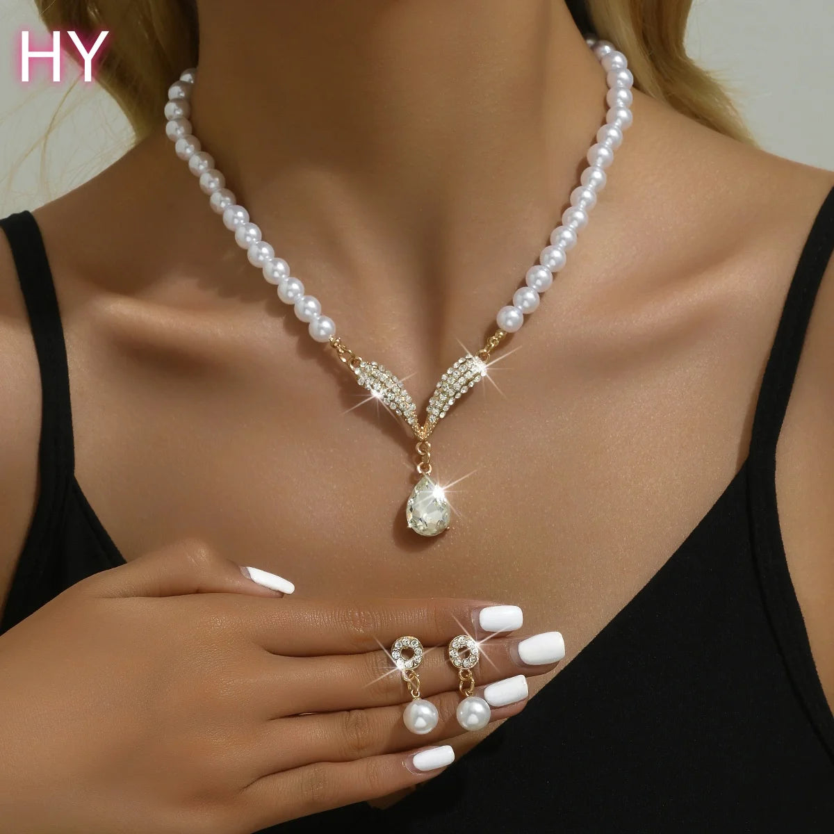 HY  Factory Wholesale Custom Korean Version Imitation Pearl Necklace Earrings] Bridal Accessory Temperament Two-piece Set