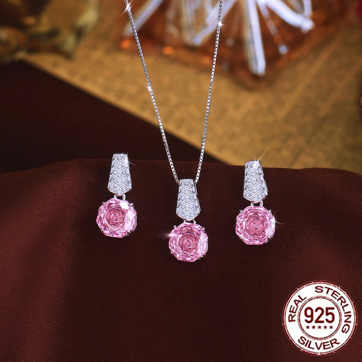 S925 Sterling Silver Pendant Necklace and Earrings Hypoallergenic Rose-Cut Cubic Zirconia V-Shaped Ladder Design Jewelry Set