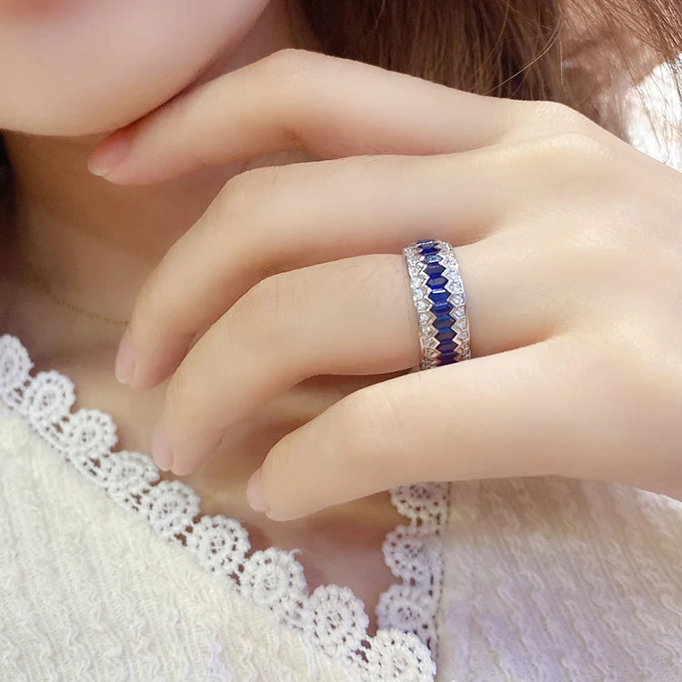 Gemfiori Vivid Blue Lab Grown Sapphire Eternity Band 100% Sterling Silver Ring for Gift Party Jewelry