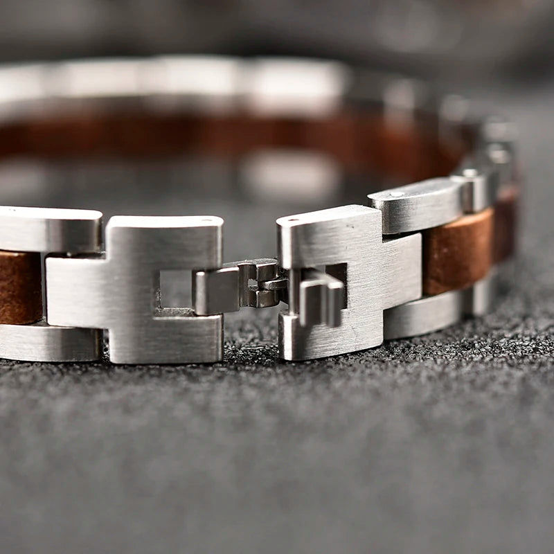 REBEL S&S REBEL Stainless Steel Unisex Walnut Wood Skeleton Bracelet for Men and Women