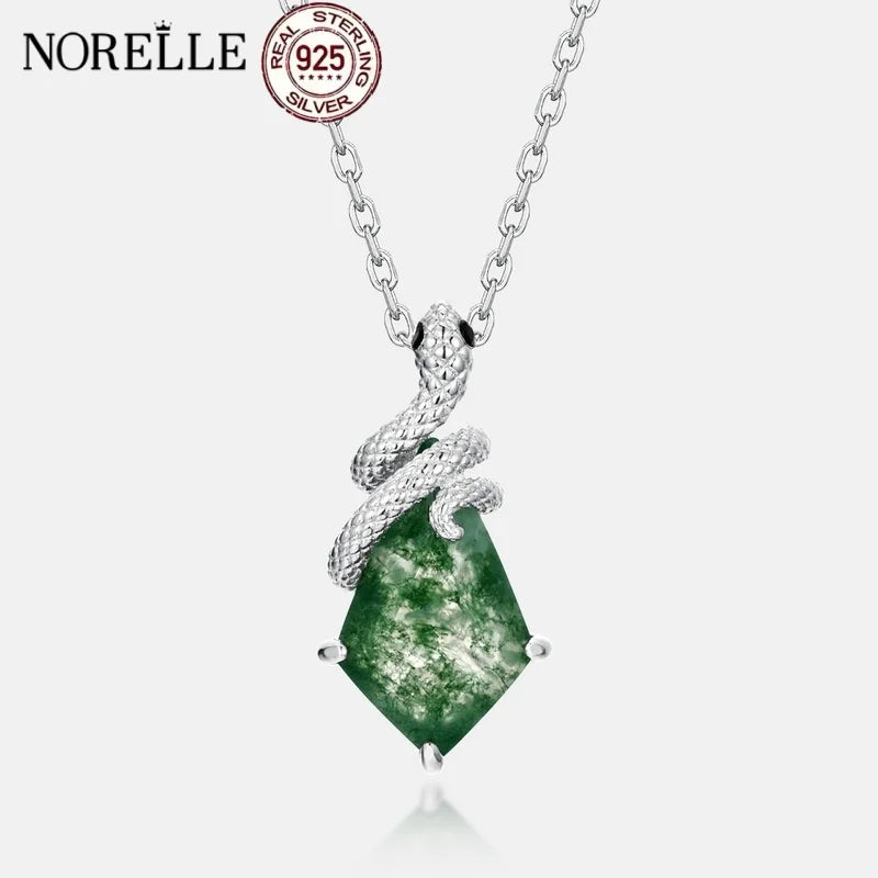 REDheart Exclusive Spirit Snake Natural Green Moss Stone Pendant S925 Silver Necklace Fashion Clavicle Necklace for Women