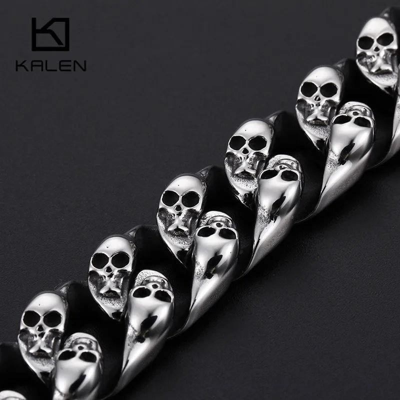 KALEN Gothic Biker Jewelry Punk Charm Bracelets Men 21.5cm Stainless Steel Skull Cuban Link Chain Wrap Bangle