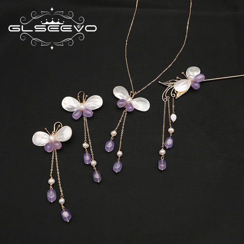 GLSEEVO Amethyst & Shell Butterfly Necklace, Earrings & Hairpin Set — 18K Gold Plated Brass | Vintage Luxury