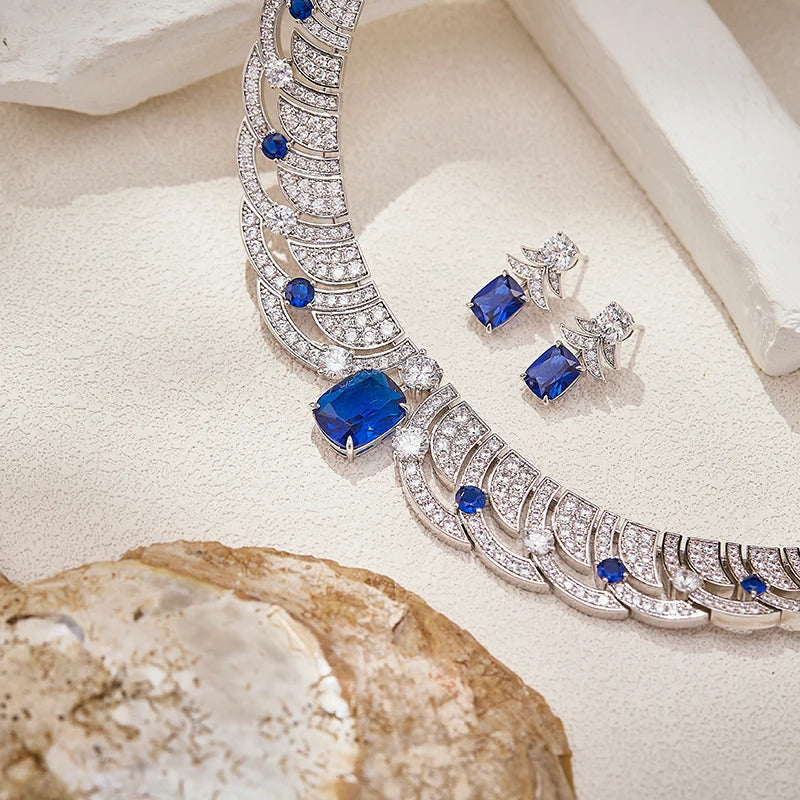 Cornflower Blue Zirconia Feather Shaped  Necklace Earrings 2-piece Set Skin Friendly Spring Buckle Design Women's Wedding Gift