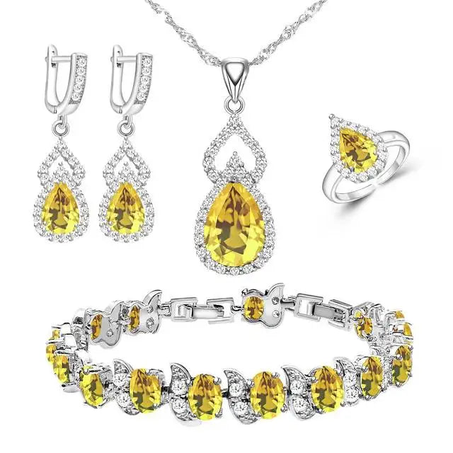 XOTICA Women's Classic Platinum Plated Silver 925 Custom Jewelry Sets Red Zircon Earrings Necklace Ring Bracelets for Engagement