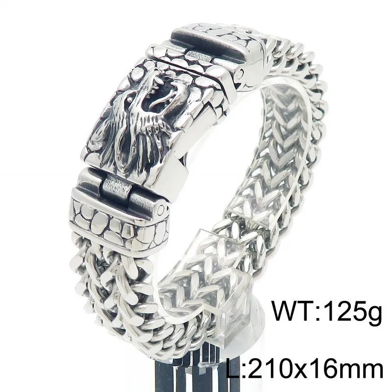 KALEN 21cm Punk Stainless Steel Bracelet Wolf Head Pattern Chain Men Bracelet