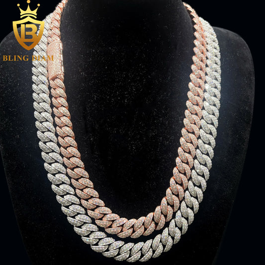 BiG-BOSS In Stock 12mm Moissanite Cuban Link Chain Necklace Iced Out 925 Silver diamond Rose Gold Cuban Chain Hi Hop Rapper Jewelry