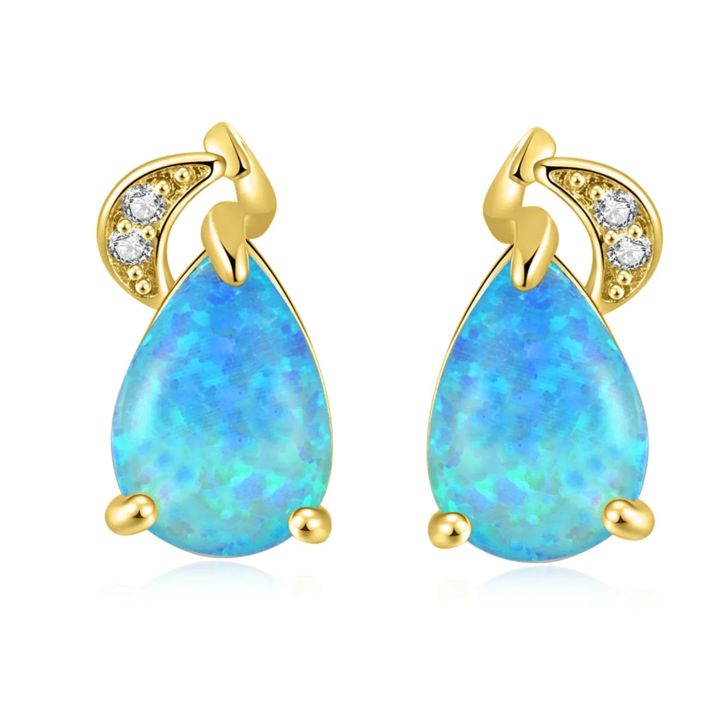 Elegant Teardrop Opal Drop Earrings - Blue Fire Opal Solitaire & CZ Accent Design | Formal Daily Jewelry Bulk Gifts