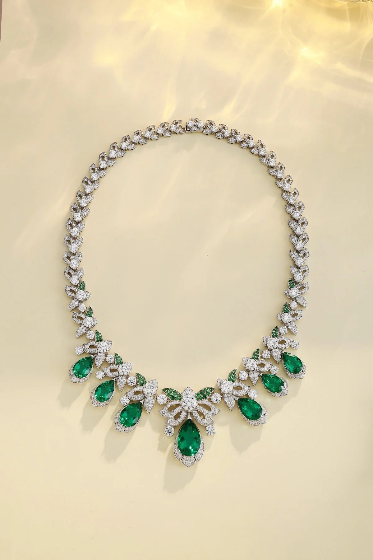 Gemfiori Premium 925 Sliver Lab Grown Emerald Statement Necklace Pear Shape Emeralds Adjustable Chain Length Ideal Gift for Women