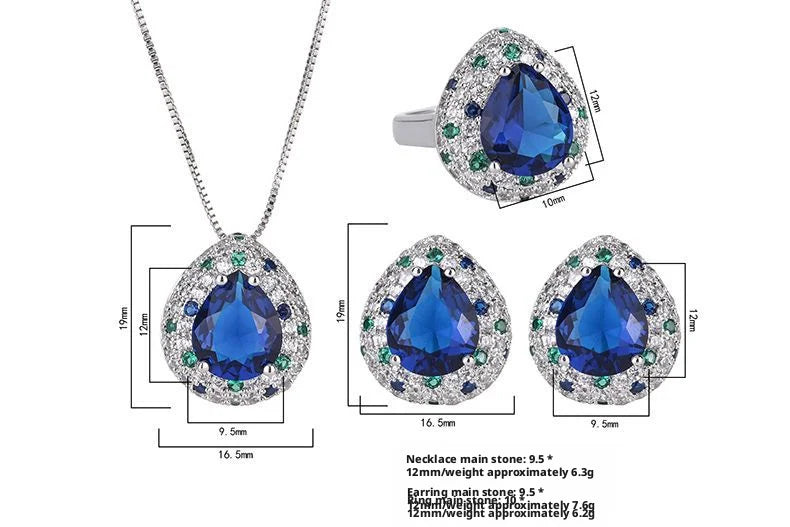 Fashion Eco-friendly Copper Pear Cut 10*12MM Water Drop Blue Pendant Earrings Ring Set Water Drop Jewelry Set for Women
