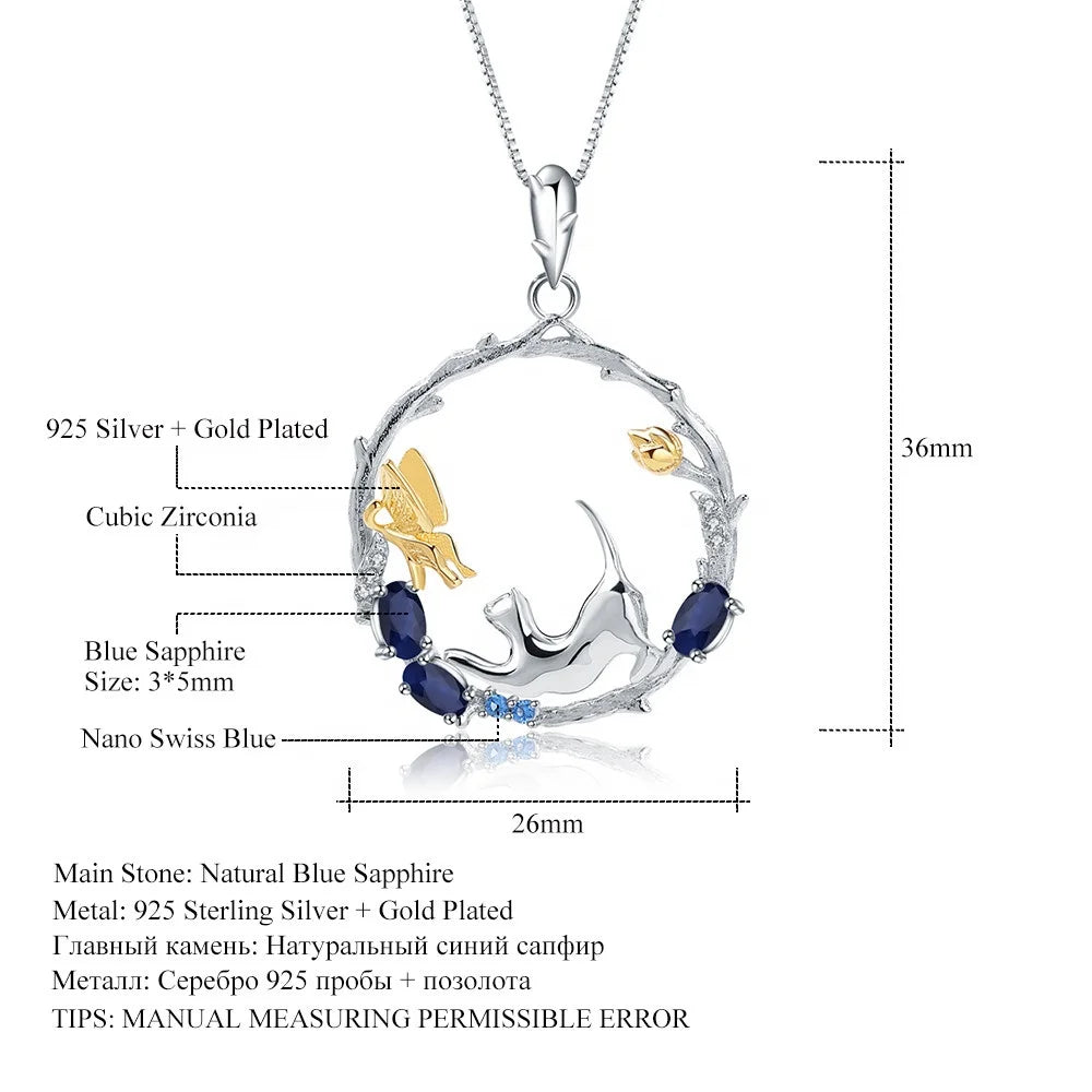ArtistA Abiding OEM Jewelry Set 925 Sterling Silver Ring Earring Necklace Gemstone Sapphire Cat & Butterfly Women Jewelry Set