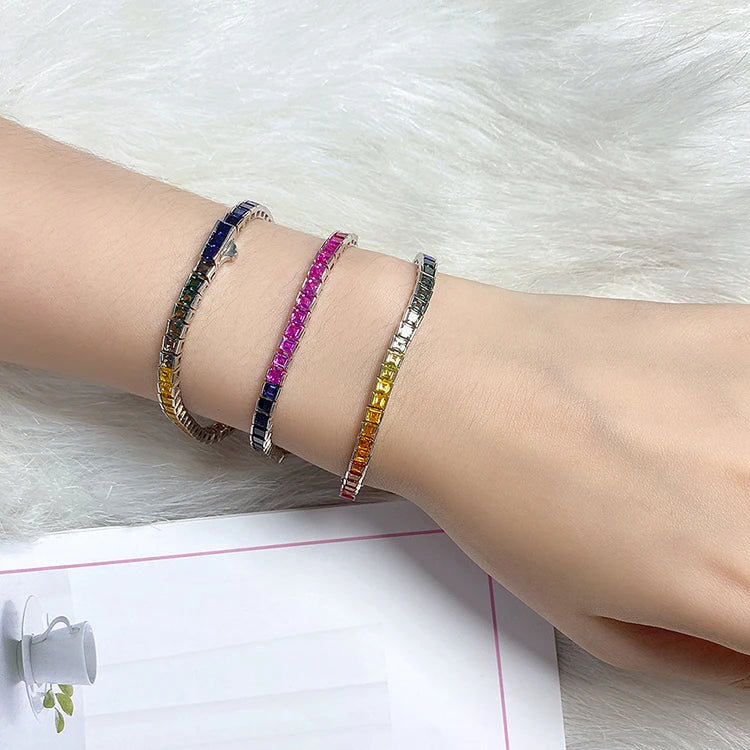 Gemfiori New Coming Real 925 Sterling Silver Charm Rainbow Tennis Bracelet for Women