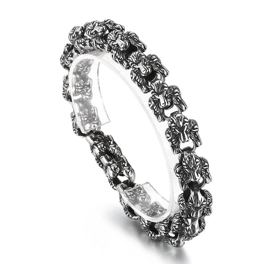 KALEN 230mm Men Punk Stainless Steel Silver Color Lion Heads Link Bracelet