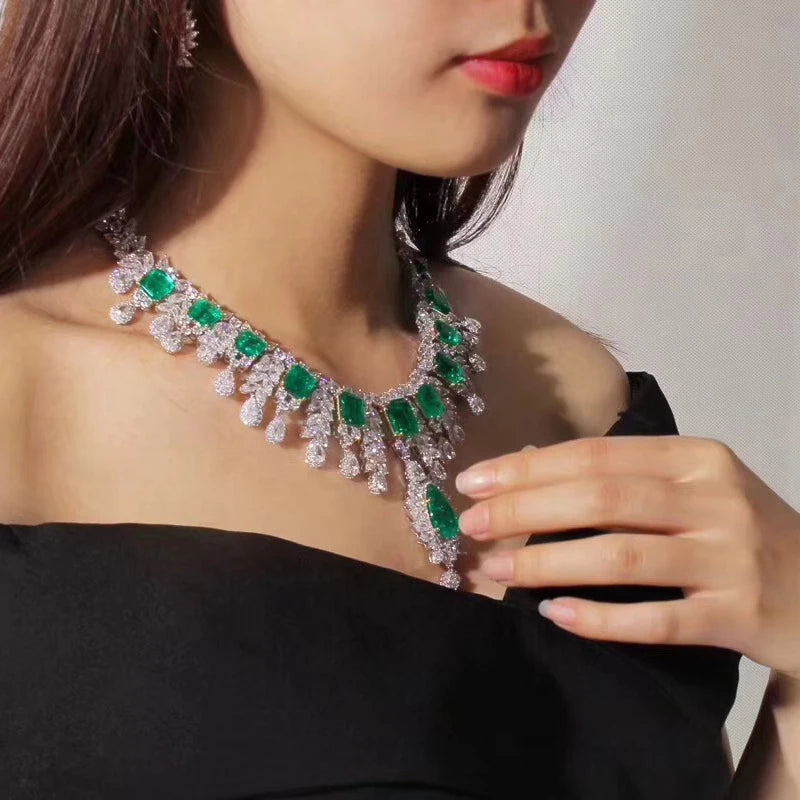 Gemfiori Anster Luxury Large Chain Lab Grown Emerald Pendant Necklace Square Cut Emerald for Wedding Gift Party Engagement Anniversary