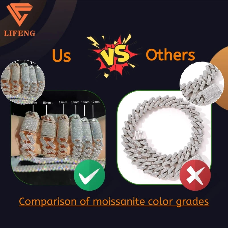 Men's 925 Sterling Silver Hip Hop Cuban Chain Bracelet/Necklace Set White/Rose Gold 925 VVS Moissanite Moissanite Necklaces