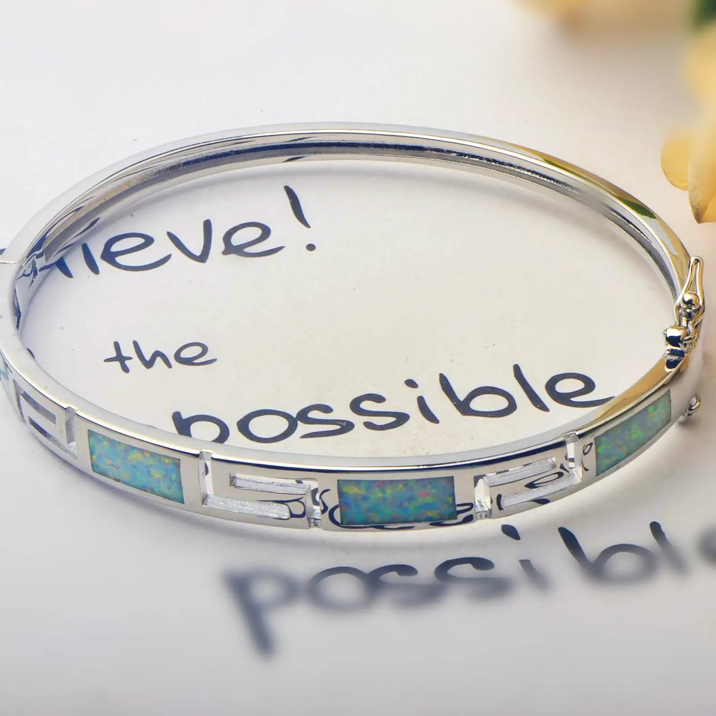 Shimmering Blue Opal Bangle Aobao Greek Key Geometric Design Silver Tone Jewelry