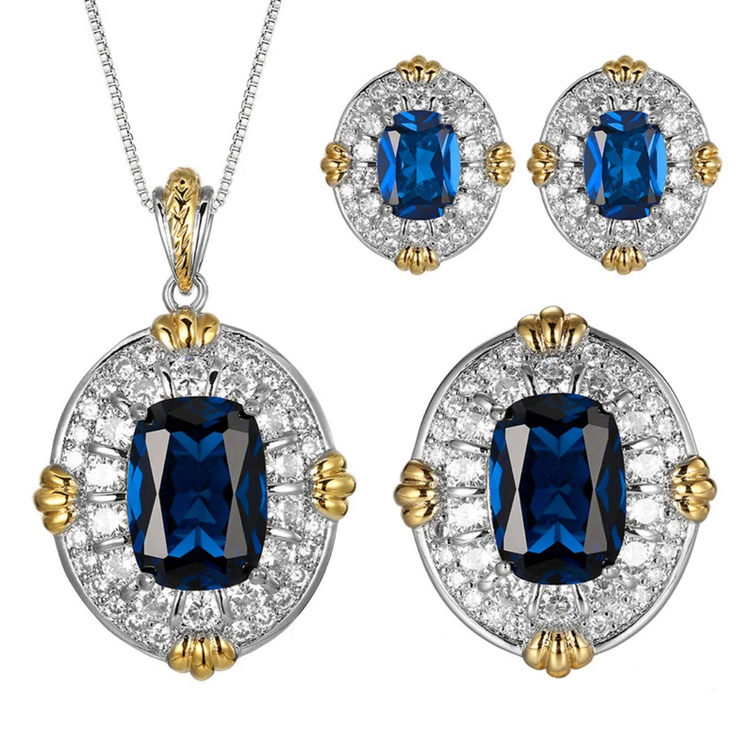 S&S Dark Blue Pointed Crystal CZ Jewellery Set – Pendant, Ring & Earrings – Gold Plated – Collection