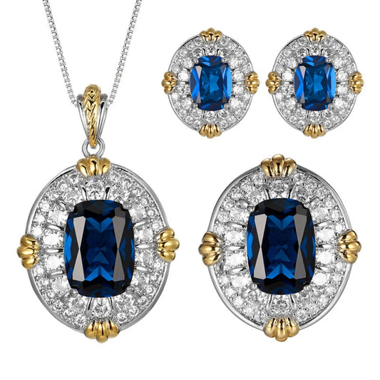 S&S Dark Blue Pointed Crystal CZ Jewellery Set – Pendant, Ring & Earrings – Gold Plated – Collection