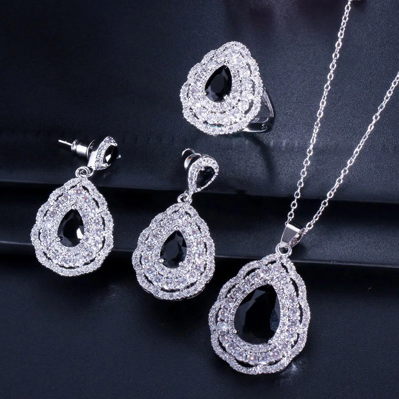 3 Layers Cubic Zircon Paved Purple Big Water Drop Silver Color Women Wedding Engagement Jewelry Set of Earrings Necklace Ring