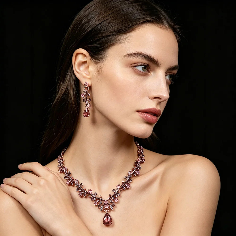 XM S390 Gold Plated Marquise Topaz Leaf & Gem Drop Collarbone Necklace & Earrings Set