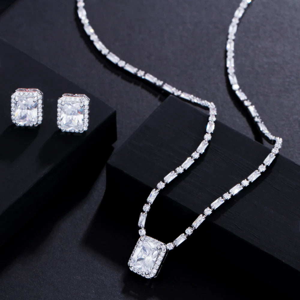 S&S CZ Square Stud Earrings & Baguette Necklace Jewellery Set – Blue & White – Collection